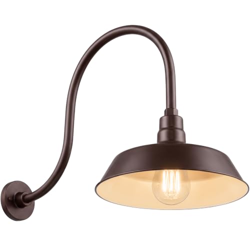Image of 14in. Architectural Bronze Outdoor Gooseneck Barn Light Fixture With 24in. Long Extension Arm - Wall Sconce Farmhouse, Vintage, Antique Style - UL Listed - 9W 900lm A19 LED Bulb (5000K Cool White)
