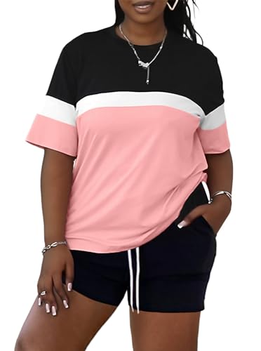 LovelyWholesale Womens 2 Piece Outfits Summer Tracksuits Plus Size Two Piece Outfit Color Block Tops and Short Sets
