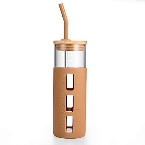 tronco 24oz Glass Tumbler Glass Water Bottle Straw Silicone Sleeve Bamboo Lid- BPA Free Amber