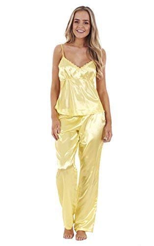 Ladies Satin Pyjama Set 3 Piece Set Lace Vest Shorts Bottoms Pants Womens PJ’s Nightwear (Small UK 10-12, Yellow)