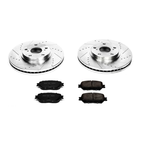 Image of PowerStop Front Brake Kit for Toyota Camry 2002-04 - Drilled and Slotted Disc Rotors with Carbon-Fiber Ceramic Brake Pads Replacement, K1143