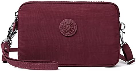 Mindesa Small Nylon Crossbody Bags Triple Zip Clutch Wallet Waterproof Lightweight Cell Phone Shoulder Handbags(Maroon)