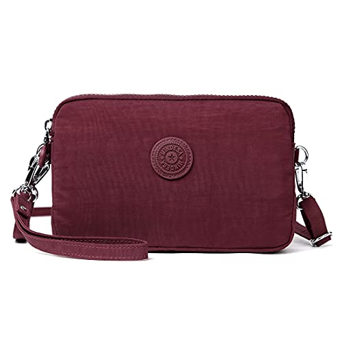 Mindesa Small Nylon Crossbody Bags Triple Zip Clutch Wallet Waterproof Lightweight Cell Phone Shoulder Handbags(Maroon) #TOP23