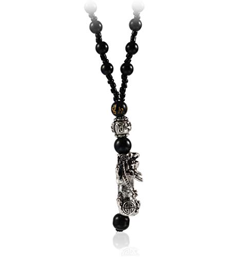 COLORFUL BLING Black Beads Obisidian Pi Xiu Pi Yao Pendant Necklace Hand Carved Mantra Attract Prosperity Wealth Amulet Necklace Protection Feng Shui Jewelry