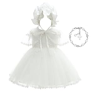 Bow Dream 4Pcs Baby Girl Baptism Gown Dress+ Lace Cardigan + Bonnet + Pearl Bracelet Wedding Outfits