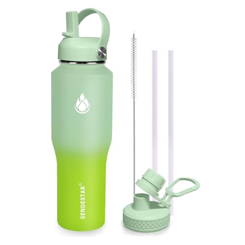 Image of SENDESTAR 32oz Water Bottle Wide Mouth Stainless Steel Vacuum Insulated Double Wall with 2 Straw Lids Fit in Any Car Cup Holder