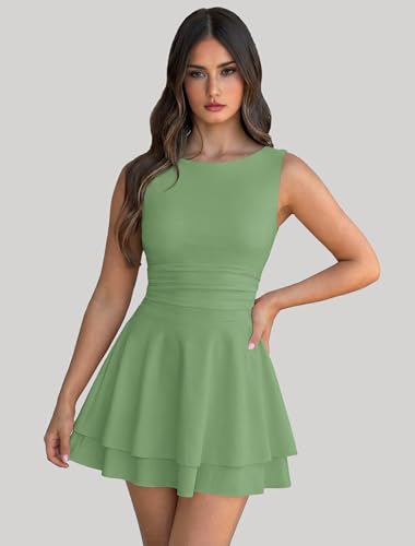 Image of IWD Women's Boat Neck Sleeveless Mini Dress Ruched Waist Flowy Tiered Ruffle Hem A Line Party Short Dresses