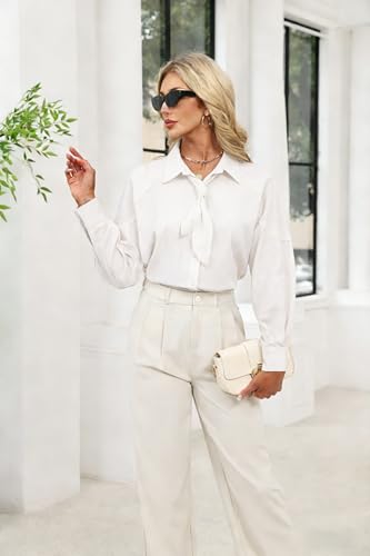 AKODOZO Womens Oversized Tie Neck Button Down Blouse Long Sleeve Shirt Business Casual Work Top for Daily Wear White — view 4