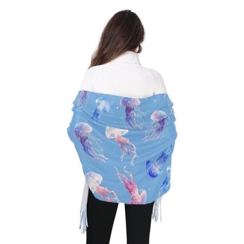 ALAZA Women's Scarves Winter Scarf Cashmere Feel Pashmina Shawls Wraps Jellyfish Blue Soft Warm Lightweight with Tassels Fall4
