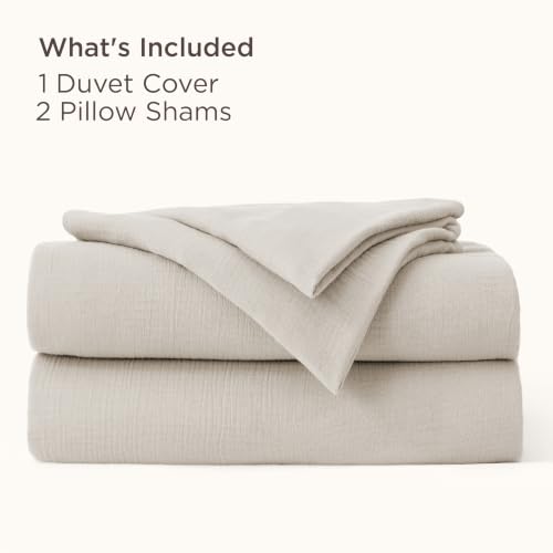 Image of Bedsure Muslin Duvet Cover Queen Size - Cotton Blend Viscose Derived from Bamboo, Cooling Duvet Cover for Hot Sleepers, PureWoven Ultra-Soft & Breathable Bedding Set for All Seasons (Linen, 90 inchx90 inch)