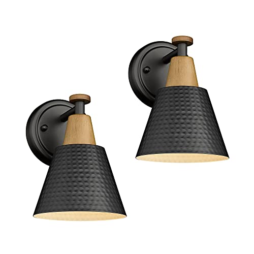 Image of FEMILA Wall Sconces Set of 2, 1-Light Matte Black Bathroom Light Fixtures, Modern Single Vanity Light Wall Lamp with Hammered Metal Shade, 4FG59B-2 BK