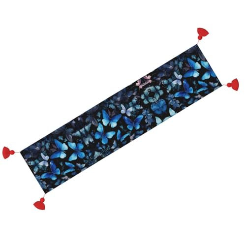Chemin de table imprime de qualite superieure avec fleurs blanches et papillons azurs - 3