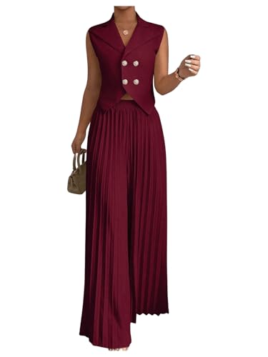 SOLY HUX Women's 2 Piece Business Outfit Button Down Lapel Collar Crop Vest Top and Pleated Pants Set