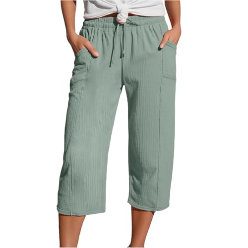 Capris Pants for Women Cotton Linen Casual Summer 2025 Wide Leg Loose Comfy Drawstring Elastic Waist Cropped Trousers A02-Light Green XL