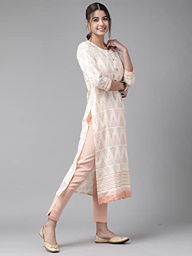 Image of INDO ERA Women's Cotton Straight Fit Floral Printed Calf Length Straight Kurta(KT0OW2452)