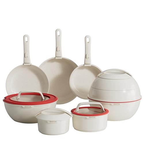 Image of OMTM Ceramic Non-Stick Cookware Set Pots and Pans with Detachable Handle
