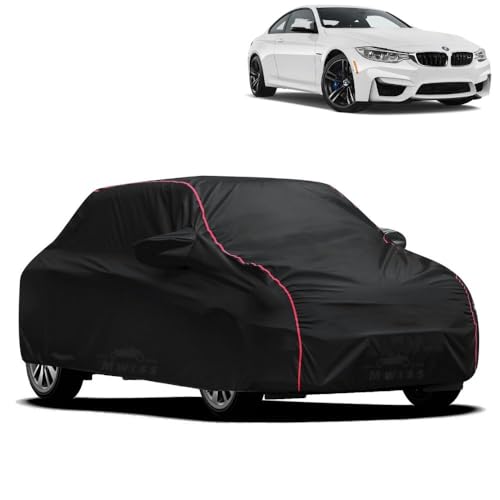 Image of Waterproof Car Cover for BMW M4 | All-Weather Protection, Dustproof & UV Resistant | Triple Stitched Mirror Pockets, Windproof Buckle Strap with Elastic Hem, Black-Red Piping