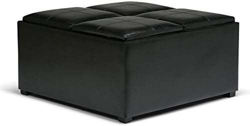 SIMPLIHOME Avalon 35 inch Wide Contemporary Square Coffee Table Storage Ottoman in Midnight Black Vegan Faux Leather, Assembled, For the Living Room and Bedroom