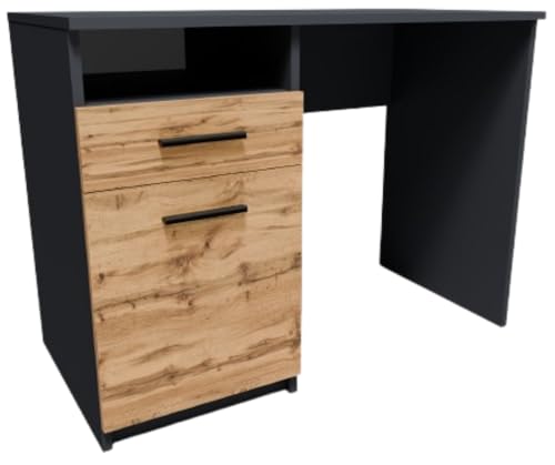 MATKAM Schreibtisch Bodo DSP H 75 x B 100 x T 50 cm, laminierte Möbelplatte, Schublade mit Metalllaufleiste auf Rollen, Ablage mit Tür, Metallscharniere, satinierte Griffe (Anthrazit Grau-Wotan Eiche)
