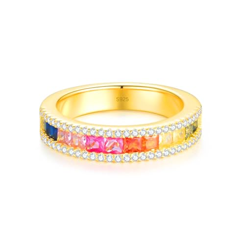 Lisandra Scott Bague demi-arc-en-ciel en argent sterling 925 avec ornement de pierres de zircone scintillantes, bague colorée de luxe pour femme et femme avec pierres colorées, Métal précieux Strass
