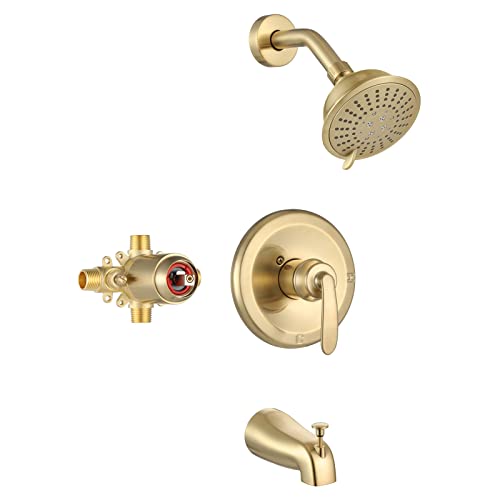 Juego de grifería para ducha PARLOS, grifo de ducha con salida para bañera en acabado dorado cepillado | Ducha de 5 modos y salida para bañera con desviador, juego de grifería para bañera de montaje en pared con válvula incluida miniatura 1
