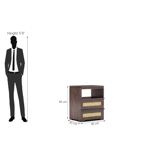 Image of Sheesham Wood Bedside Table with 2 Rattan Cane Drawer and Shelf Storage Nightstand | Multipurpose Wooden Sofa Side End Table Furniture for Bedroom, Living Room, Home, and Hotel (Walnut Finish)