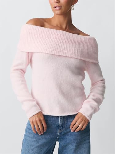 Image of Women Off The Shoulder Sweater Y2k Long Sleeve Boat Neck Knit Cropped Pullover Tops Fall Trendy Going Out Streetwear