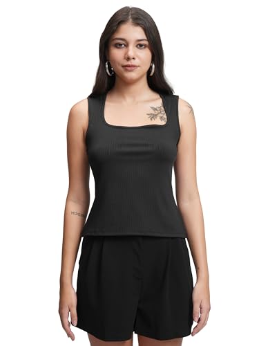 Tokyo Talkies Women's Ribbed Square Neck Fitted Top | Sleeveless & Sleek Design for A Modern Look | Tops for Woman | Women Tops | Stylish Top
