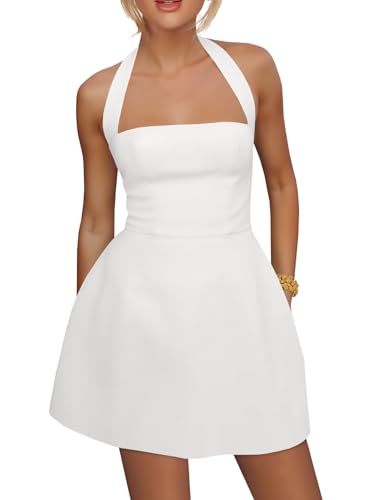 Image of Yousify Womens Sexy Halter Mini Dress Summer Backless Square Neck A Line Flared Club Party Dresses