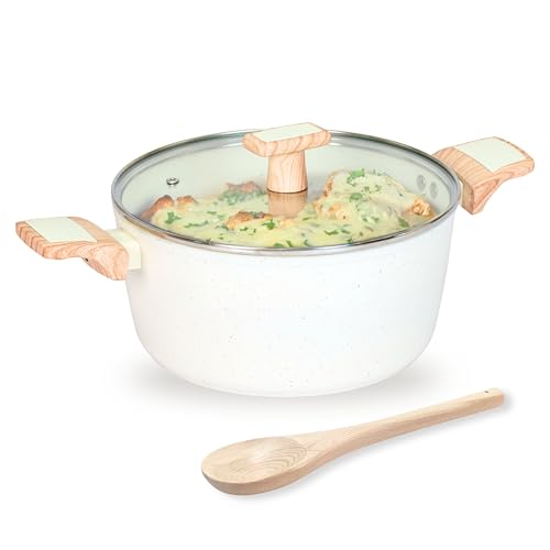 Image of Kreme Ceracook Ceramic Coated Granite Casserole 5.5Ltrs /26cm with Glass Lid, Stew Pot, Biriyani, Rice, ISI Certified, Forged Aluminium, Gas & Induction Use, PFAS & PTFE Free, 1 Yr Warranty, Ivory