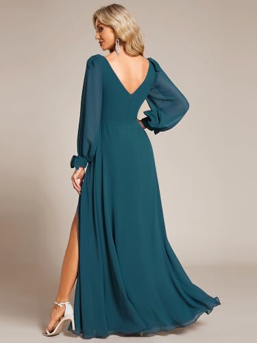 Image of Ever-Pretty Women's Fall Winter Formal Wedding Guest Dress Long Sleeve V Neck Chiffon Floor Length Bridesmaid Dresses 80116