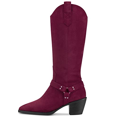 Aachcol Women Western Cowboy Cowgirl Boots Mid Calf Pull-Up Pointed Toe Chunky Block Mid Heel Dress Shoes Suede Zipper 2.5 Inch2