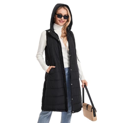 Awoscut Women's Long Sleeveless Waistcoat Hooded Neck Zipper Puffer Vest Tops Casual Spring Fall Winter Coat Outerwear