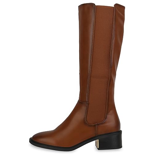 VAN HILL Damen Klassische Stiefel Blockabsatz Basic Klassisch Schuhe 840543 213096 Hellbraun 40