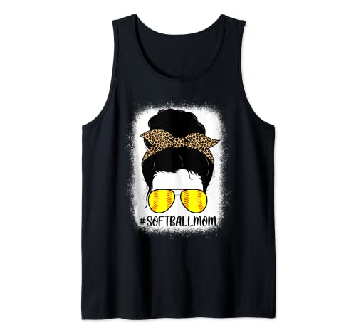 Softball Mom Life Bleached Messy Bun Hair Leopard Print Tank Top