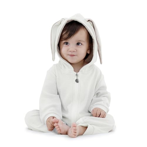 Zando Bunny Baby Romper 3-6 Months Easter Unisex Long Ear Rabbit Cotton Cute Bodysuits Onesie Hoodie Romper Spring Fall Outwear Clothes 3-6 Months White