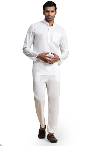SKAVIJ Men's Cotton Solid Kurta Pajama Set Band Collar Daily Wear Casual Dress (Large, White) - Main Image