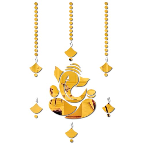Image of Bikri Kendra Ganpati with 10 Diya and 100 Dots Golden Mirror Stickers for Wall, Acrylic Mirror, 3D Stickers, Ganpati Wall Stickers for Room, Hall, Home and Office