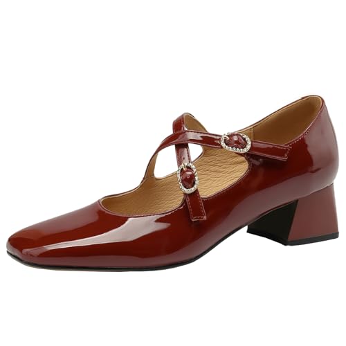 BULVJ Mary Jane Escarpins en cuir véritable avec bout carré pour femme avec sangle croisée et talon bloc, rouge bordeaux, 34 EU