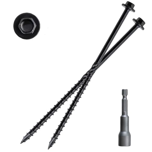 CAMNWAMN [Pack of 50] #14 x 6 inch Wood Structural Screws, Heavy Duty Hex Head Black Timber/Log/Landscaping Wood Screws, Rust Resistant, Hex Socket Included