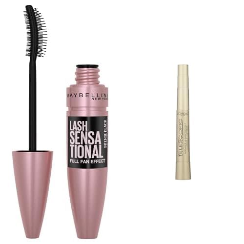 Maybelline New York Lash Sensational Yelpaze Etkili Intense Black Maskara - Ekstra Siyah 1 Paket (1 x 9.5 ml) + L'Oréal Paris Telescopic Maskara - Siyah