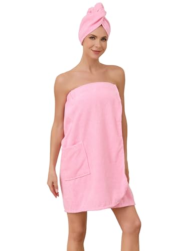 Image of Air Curvey Soft Wrap Towel for Women Lightweight Spa Body Wrap Shower Wrap Robe Adjustable Closure Bathrobe with Pocket Pink S /M