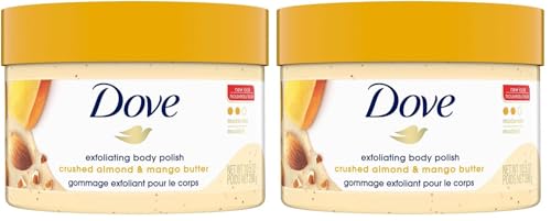 Image of Dove Exfoliating Body Polish Scrub for Dry Skin with Crushed Almond and Mango Butter, Gently Exfoliates and Moisturizes to Reveal Instantly Soft, Smooth & Healthy Skin, Naturally Derived Ingredients, Sulfate-Free, Fruity Scent, 298g
