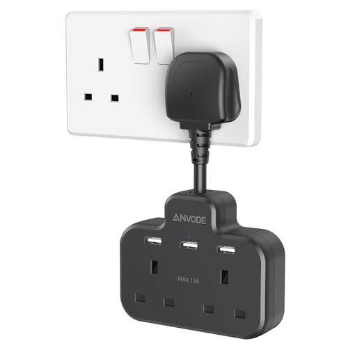 Double Plug Adaptor with USB 2 Way Wall Adapter with Short Extension Lead Multi Plug Socket Extender For Home Office (Black)