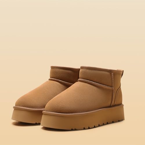 DREAM PAIRS DREAM PAIRS Women's Platform Winter Snow Boots Genuine Suede, Water Resistant Mini Ankle Boots Stable Lightweight Booties Anti-Slip with Memory Foam Outdoor Fuzzy,Size 8.5,Chestnut,DWUMSB2