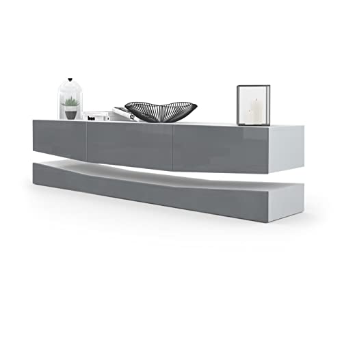 Vladon Buffet Bas City, Meuble TV avec Socle, 1 Compartiment Ouvert et 3 tiroirs, Blanc Mat/Gris Haute Brillance (178 x Variable x 39 cm)