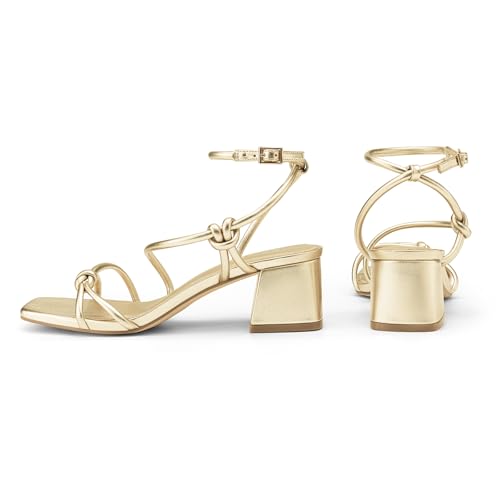 Athlefit Gold Heels Sexy Women Strappy Heels with Square Toe Low Chunky Block Heels Sandals Comfortable Summer Party Shoes for Dancing Wedding Prom Work 8 — view 4