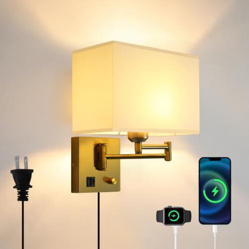 Image of Plug in Swing Arm Wall Sconce, Wall Lights for Living Room | Wall Lamp with USB C+A Charging Ports, Adjustable Swing Arm 270, Adjustable Color Temperature, Wall Mount Lamp for Bedroom