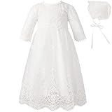 pureborn Baby Girl Christening Dress Long Sleeve Classic Embroidered Baptism Tulle Dress 0-3 Months White