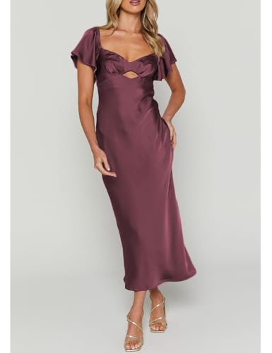 Image of Summer Satin Flutter Sleeve Wedding Guest Dresses for Women Sweetheart Neckline Cutout Tie Back Midi Cocktail Dress
